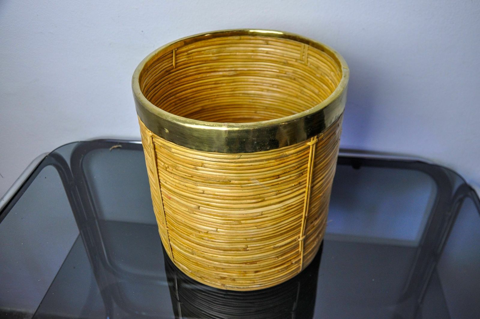 Rattan And Brass Book Holder Basket, Italy, 1970 photo for sale