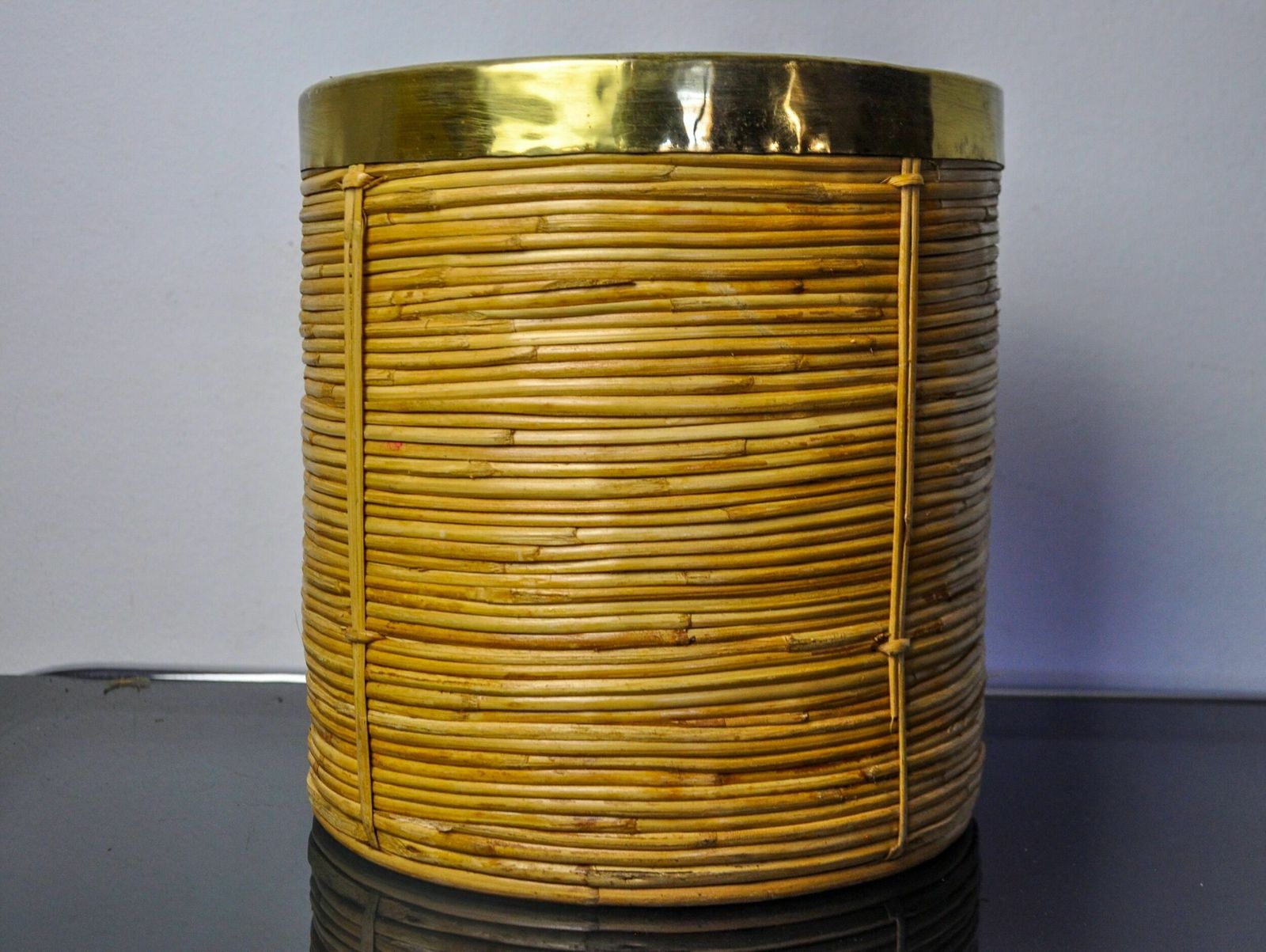 Rattan And Brass Book Holder Basket, Italy, 1970 photo Home Decor