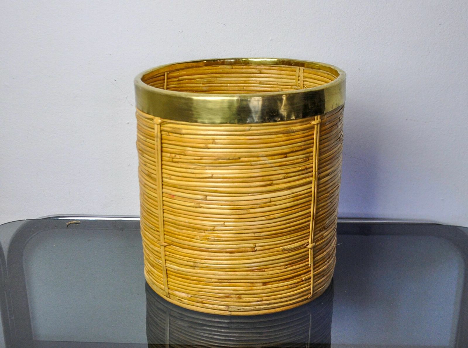 photo for sale Rattan And Brass Book Holder Basket, Italy, 1970