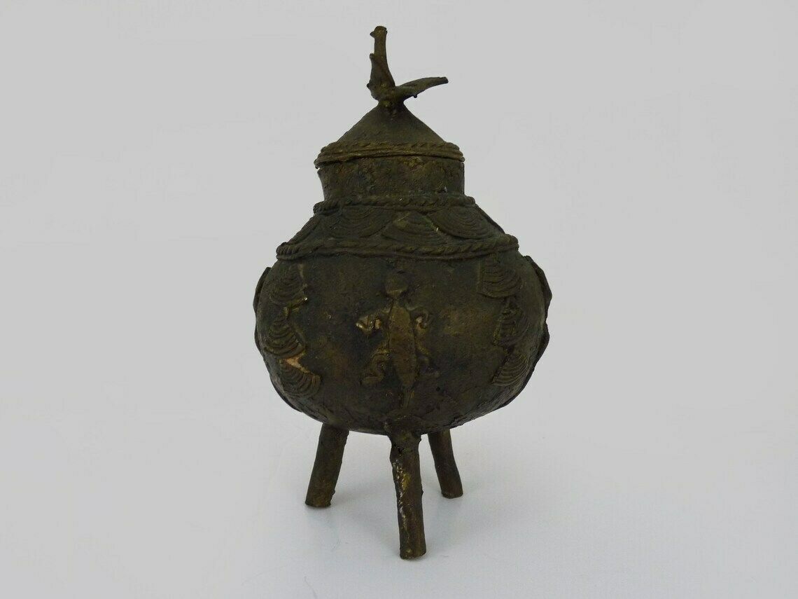 Ointment Pot, Bronze Urn. Dogon Mali. Decor Bird, Lizard, Snake. African Art photo furniture