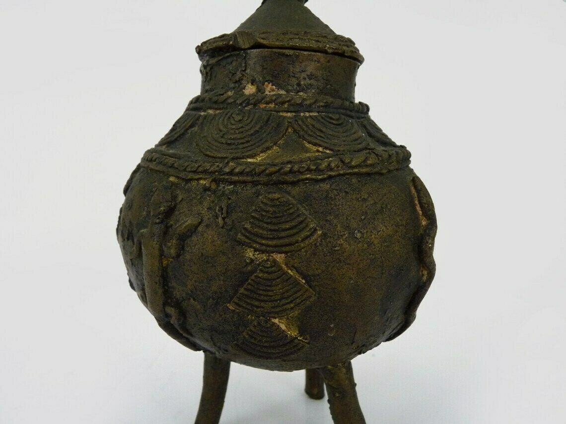 Ointment Pot, Bronze Urn. Dogon Mali. Decor Bird, Lizard, Snake. African Art photo vintage