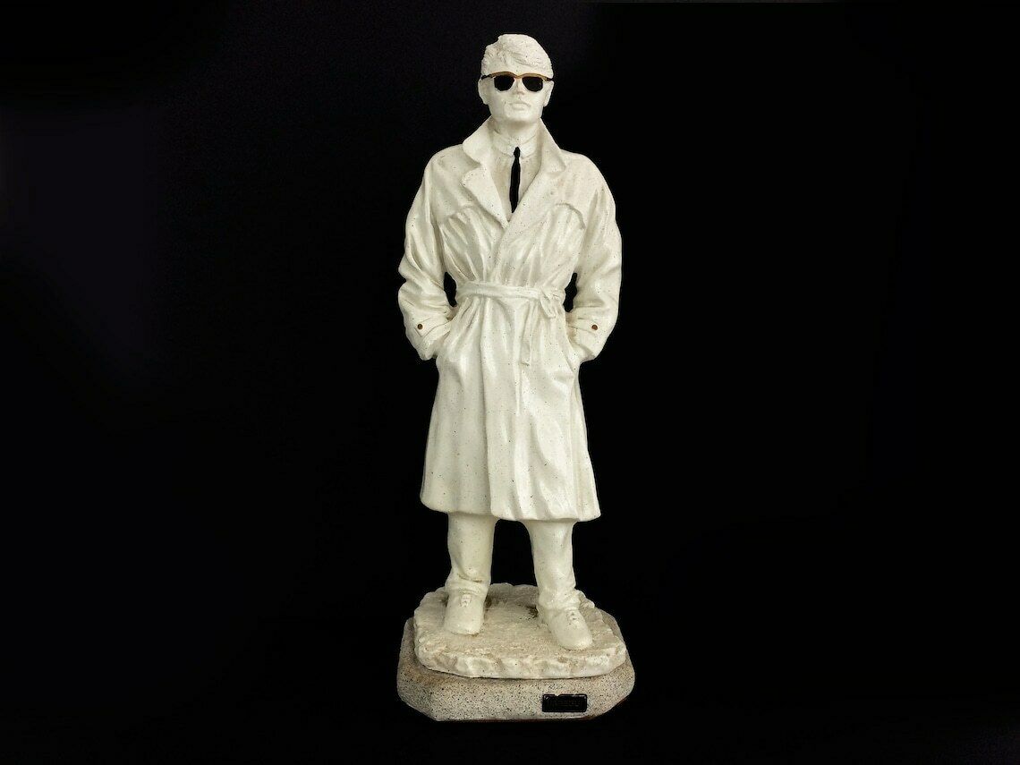 Large Vintage Statue By Urregui In Terracotta, Standing Man With Black Glasses And Trench Coat