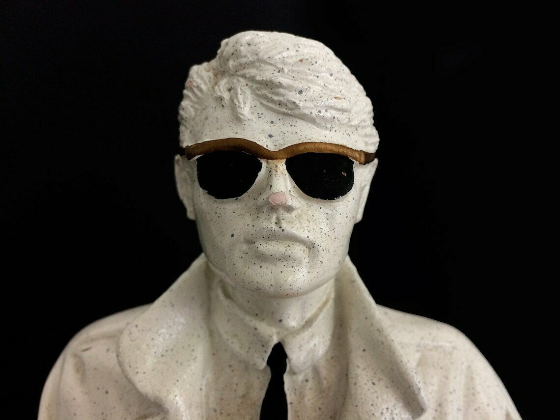 Large Vintage Statue By Urregui In Terracotta, Standing Man With Black Glasses And Trench Coat photo Art