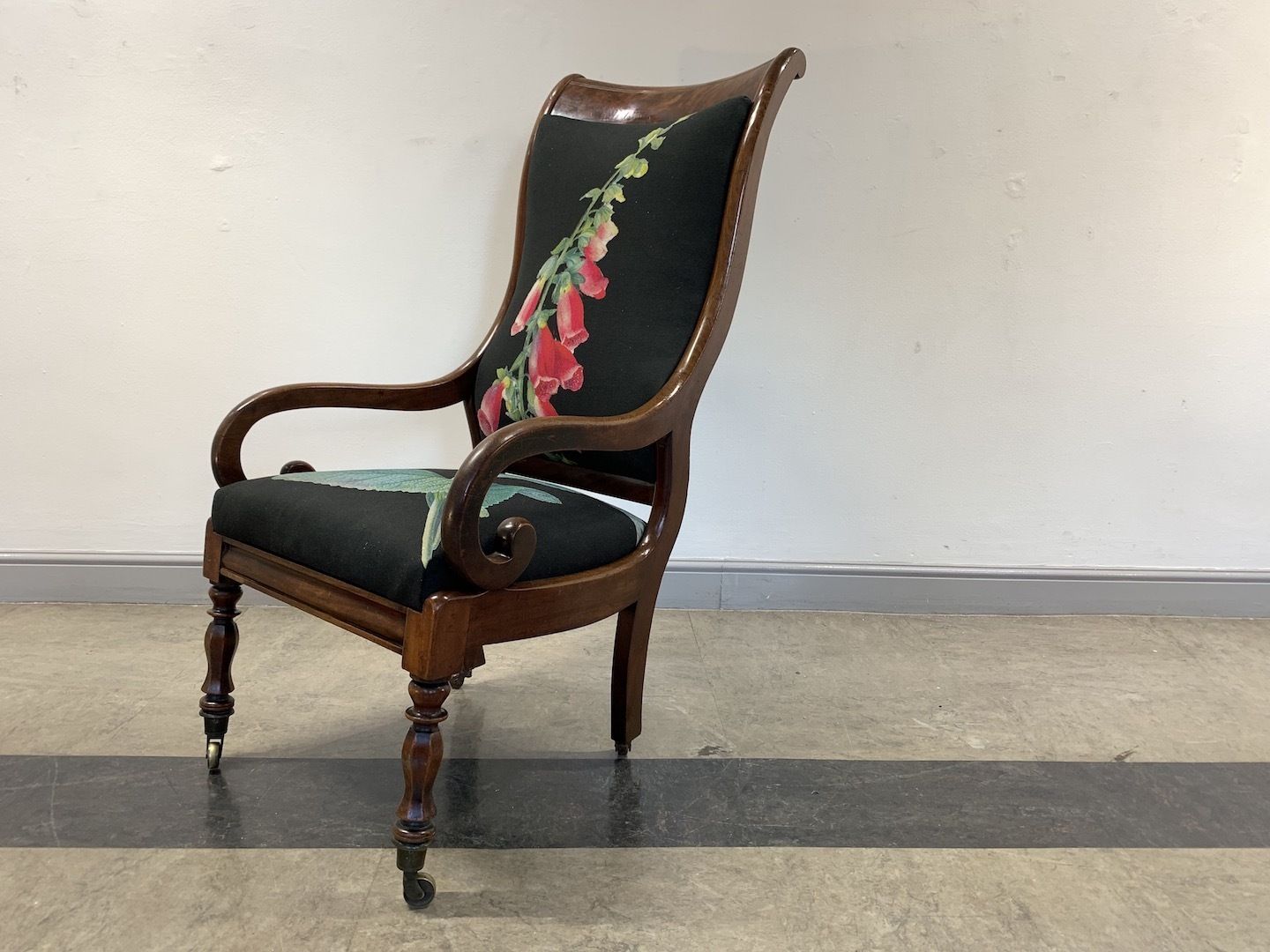 Digitalis Chair (A William Lv Scroll Arm Chair With Flame Mahogany Detail Headrest And A Bespoke Foxglove Design Fabric) photo vintage