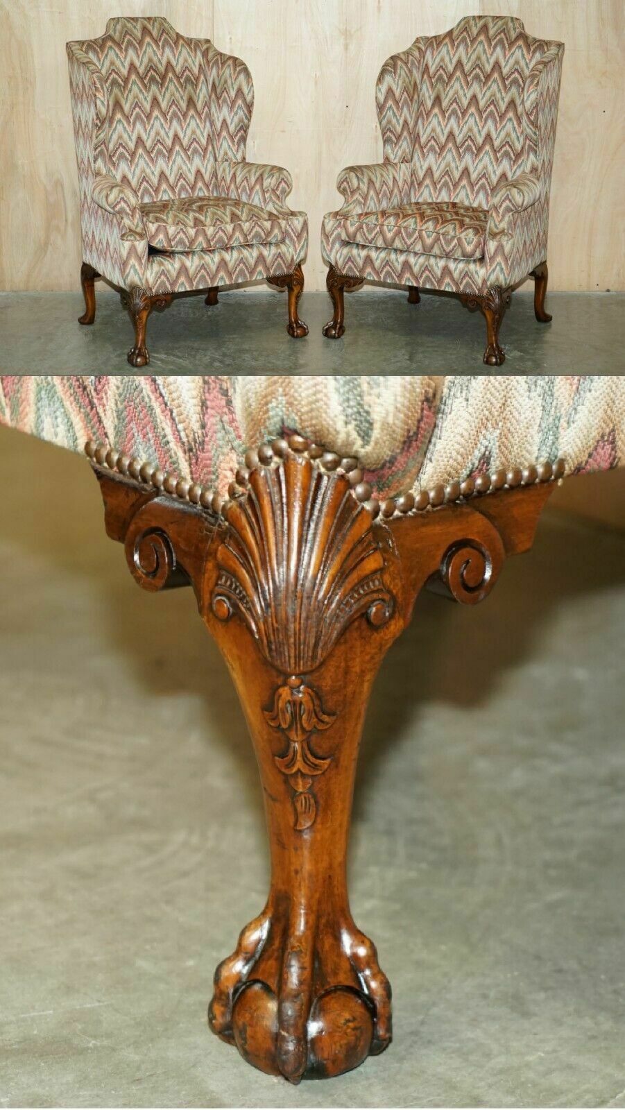Pair Of Antique Kilim Fabric Wingback Armchairs Ornately Carved Claw & Ball Feet
