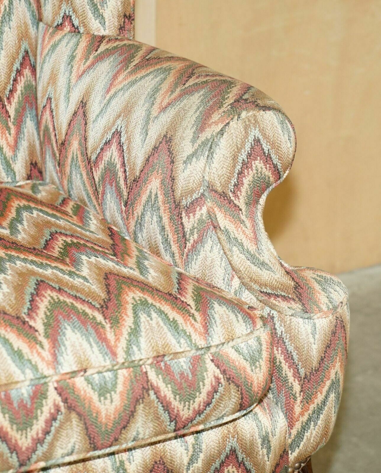 photo for sale Pair Of Antique Kilim Fabric Wingback Armchairs Ornately Carved Claw & Ball Feet