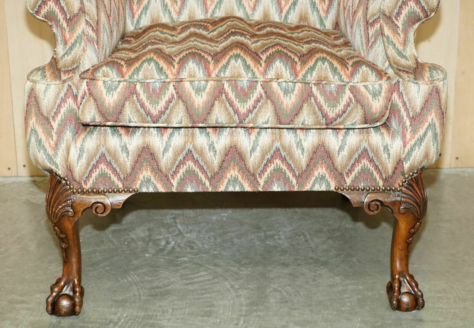 Furniture Pair Of Antique Kilim Fabric Wingback Armchairs Ornately Carved Claw & Ball Feet photo