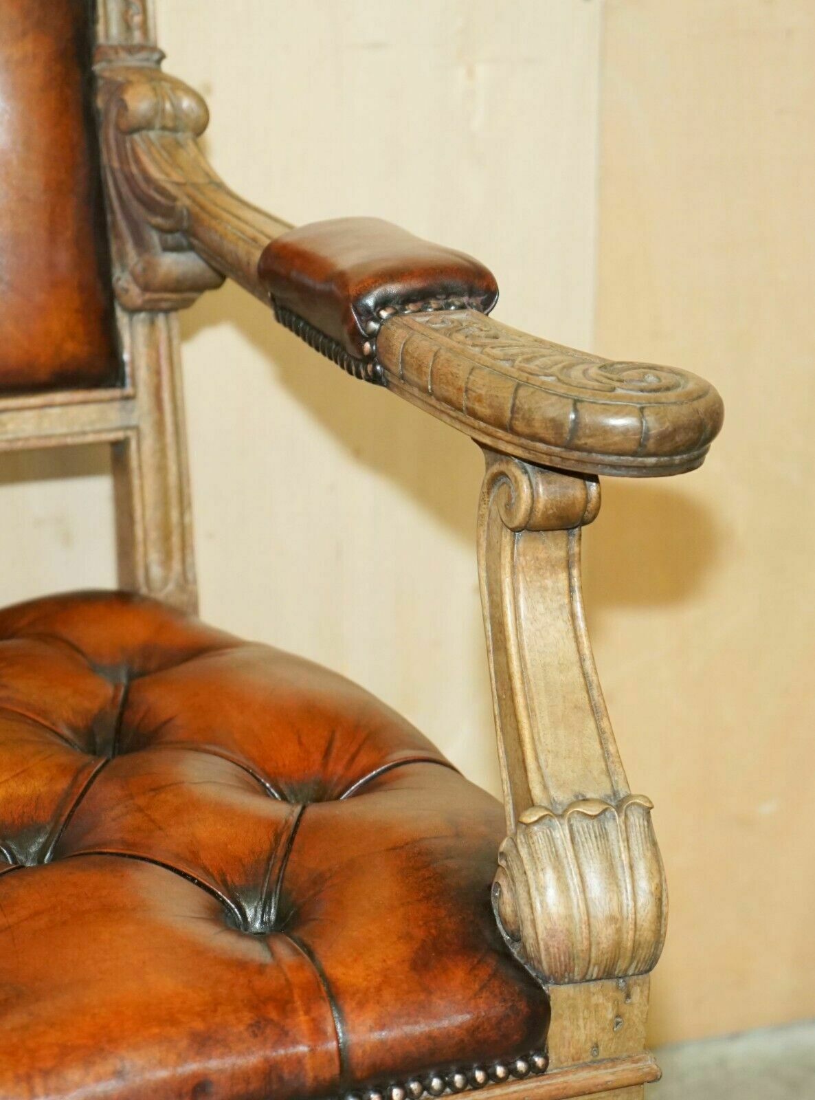 Very Fine Restored Antique Chesterfield William IV Oak Brown Leather Desk Chair photo vintage