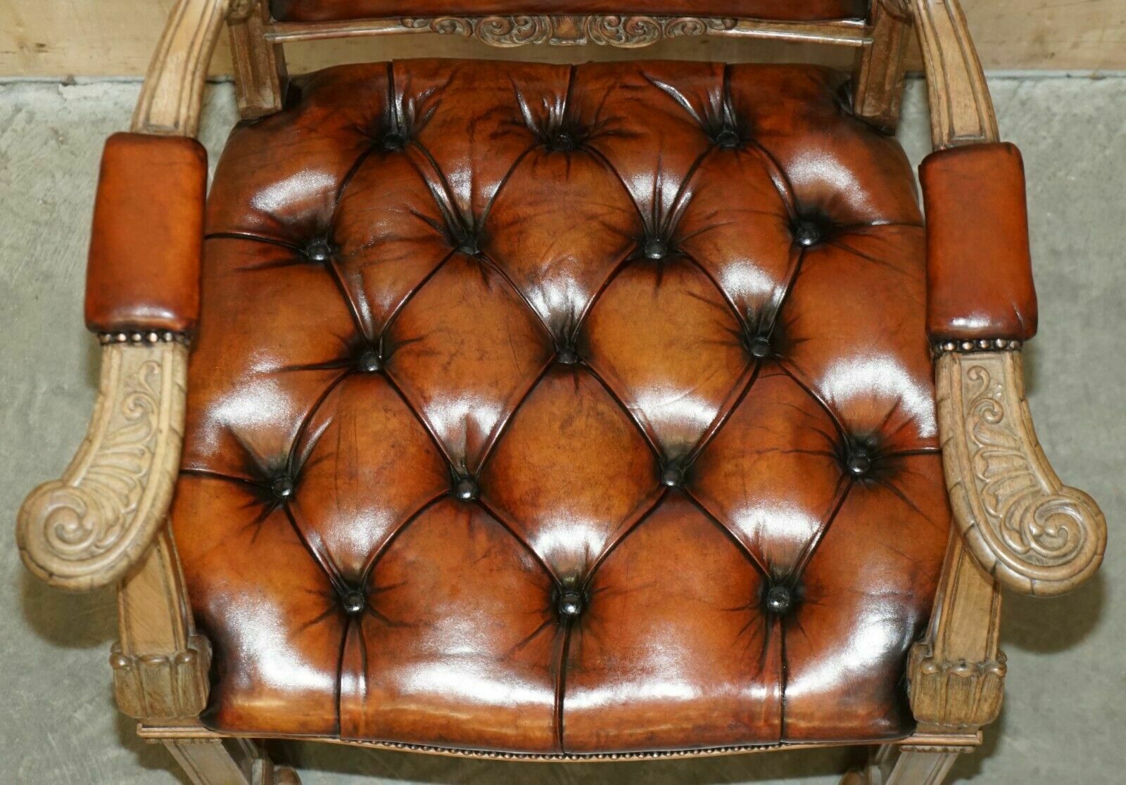 photo buy Very Fine Restored Antique Chesterfield William IV Oak Brown Leather Desk Chair