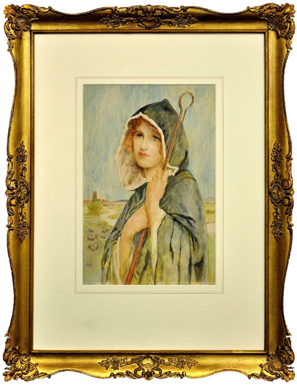 Philip Richard Morris 1836 To 1902. The Cloaked Shepherdess. Framed Watercolour Painting. Pre Raphaelite Movement & The Arts & Crafts Aesthetic.