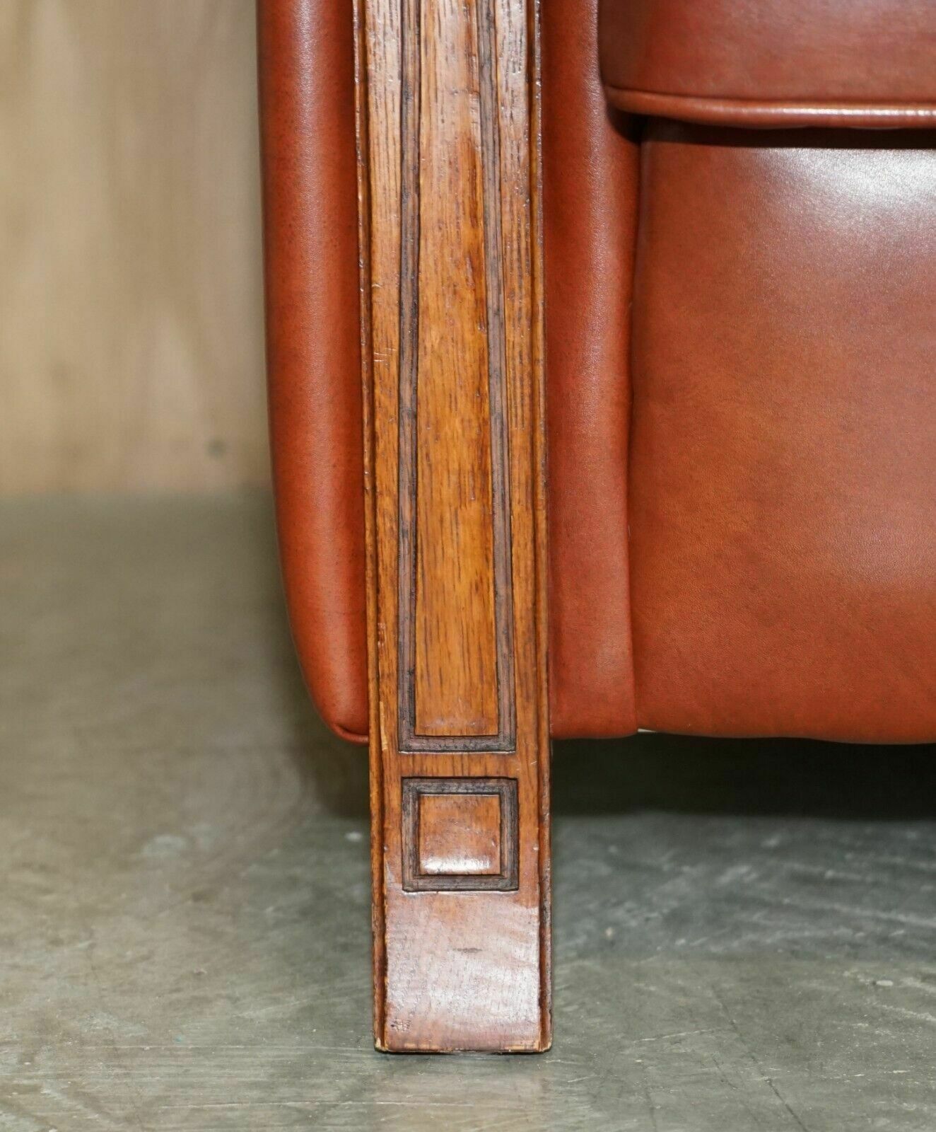 Vintage Chestnut Brown Leather Liberty's Art Nouveau Club Sofa Carved Wood Frame photo vintage