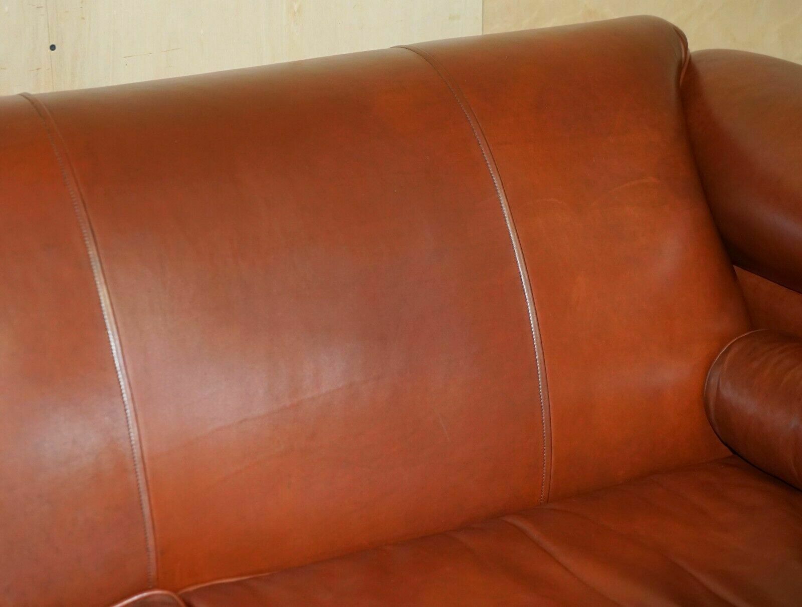 7950.0 Vintage Chestnut Brown Leather Liberty's Art Nouveau Club Sofa Carved Wood Frame photo