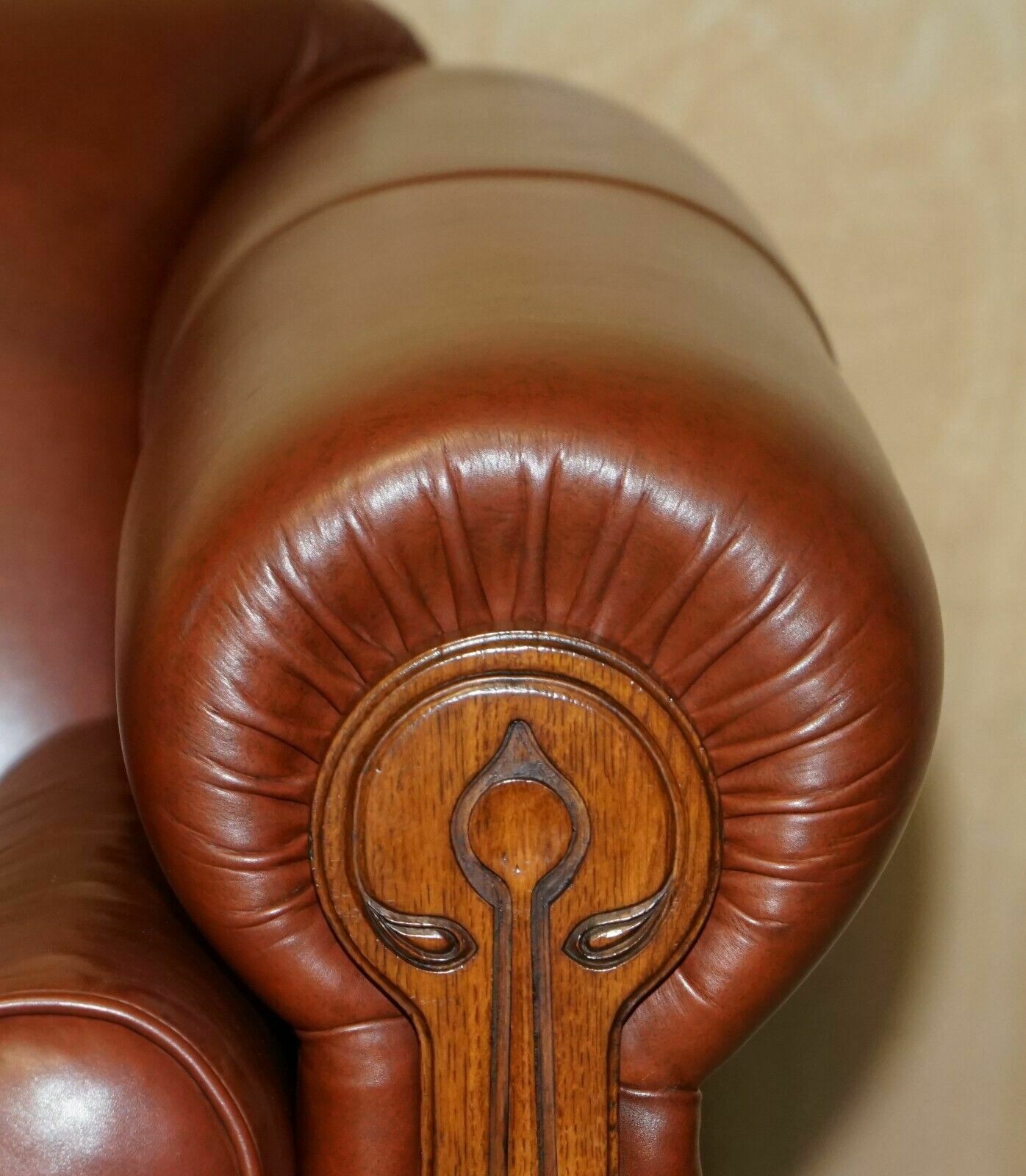 photo vinterior Vintage Chestnut Brown Leather Liberty's Art Nouveau Club Sofa Carved Wood Frame