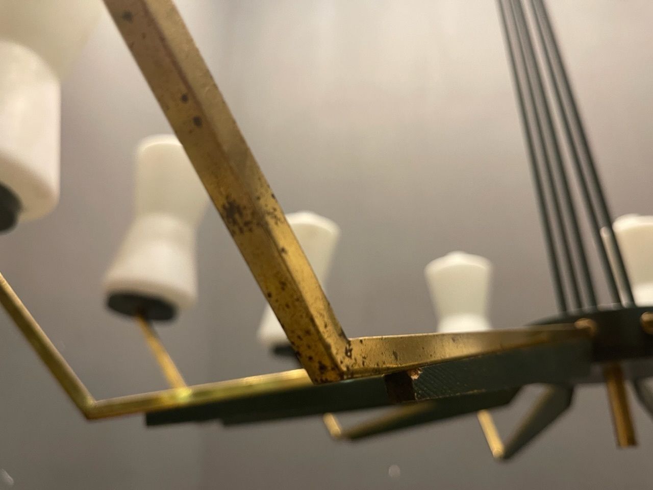 Large Stilnovo Brass Opaline Glass Chandelier 10 Lights 1950’s photo 1850.0