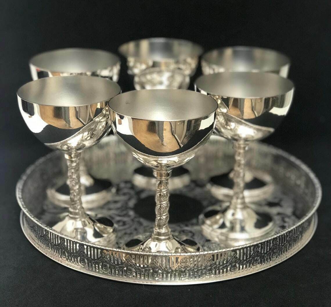 Ice Cream Cups On Pedestal 6 Dessert Bowl Champagne Or Wine Cups In Silvered Metal Sorbet Cups Art Deco, Liqueur, Dessert Or Cream Cups