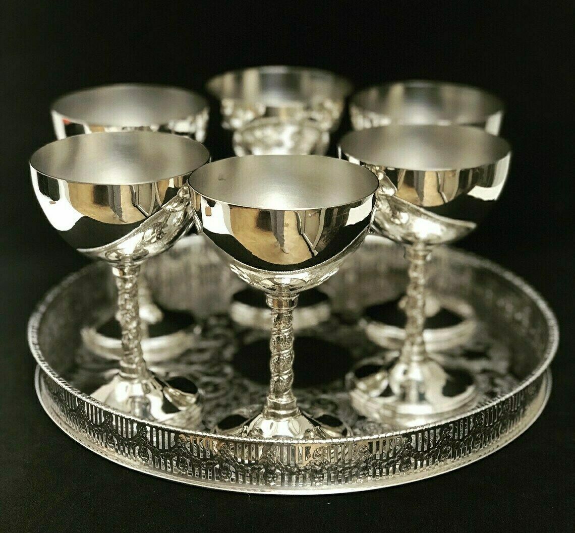 photo for sale Ice Cream Cups On Pedestal 6 Dessert Bowl Champagne Or Wine Cups In Silvered Metal Sorbet Cups Art Deco, Liqueur, Dessert Or Cream Cups