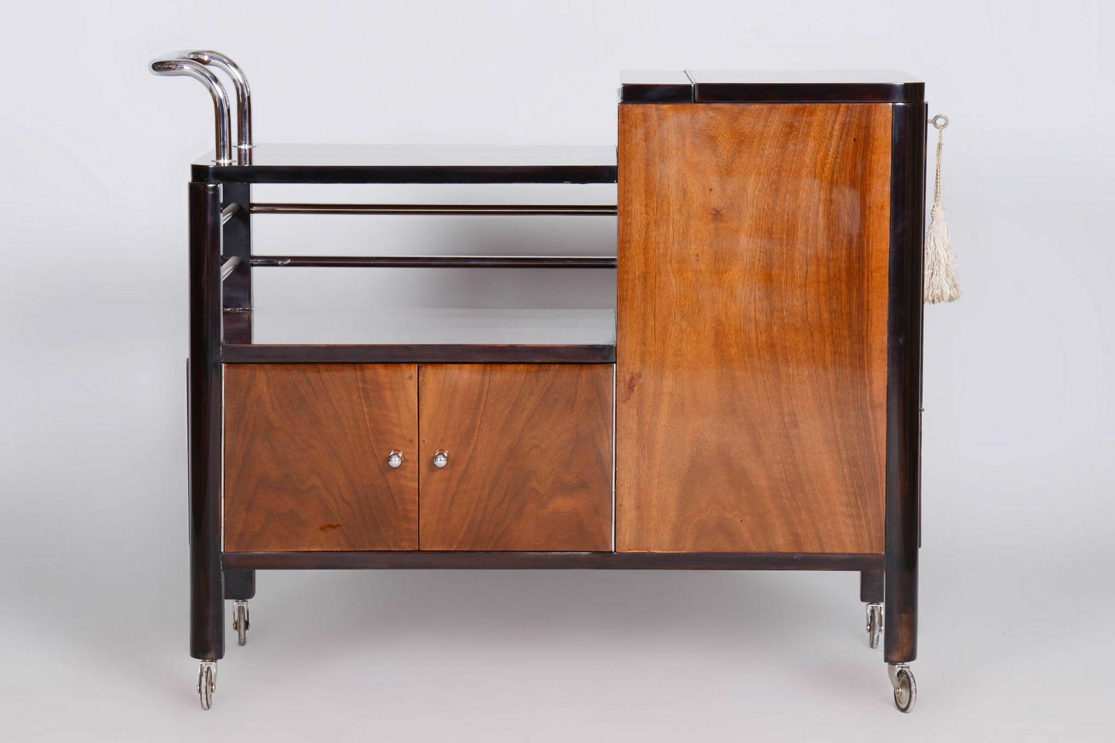 Restored Artdeco Walnut Trolley By Thonet, Chrome Plated Steel, Czechia, 1930s photo vintage