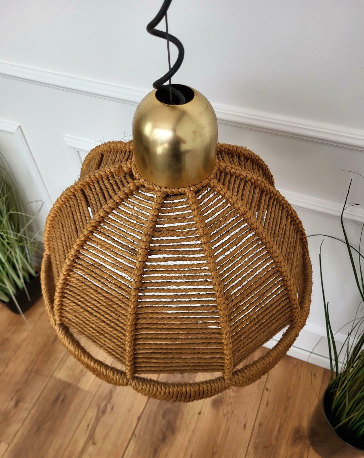 1960s Italian Gilt Brass Cord Woven Rope Pendant Suspension Hanging Light photo for sale