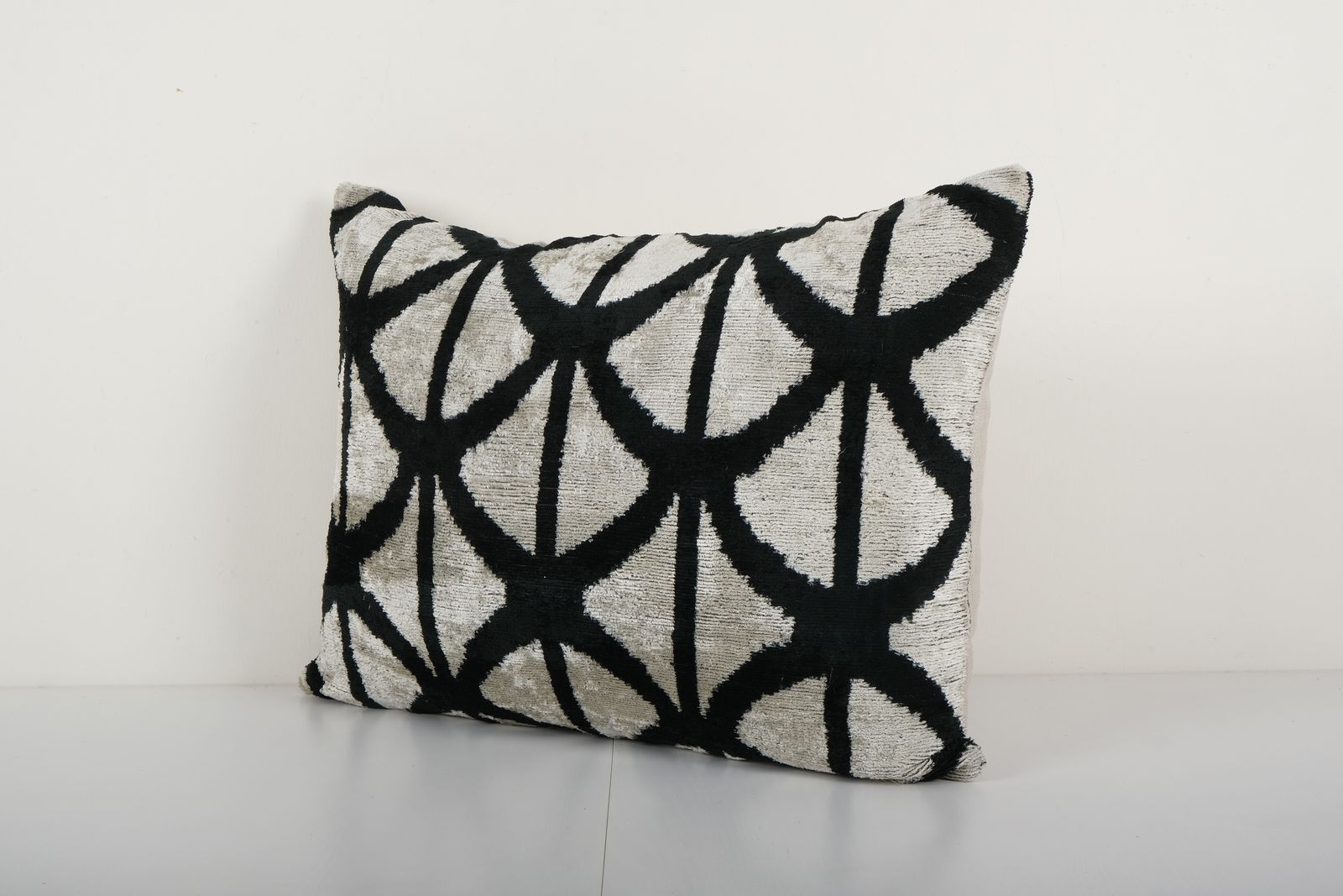 Ikat Velvet Pillow, Silk Lumbar Cushion Cover, Pair Black And Cream Boho Chic Pillow Cover 17'' X 24'' photo for sale