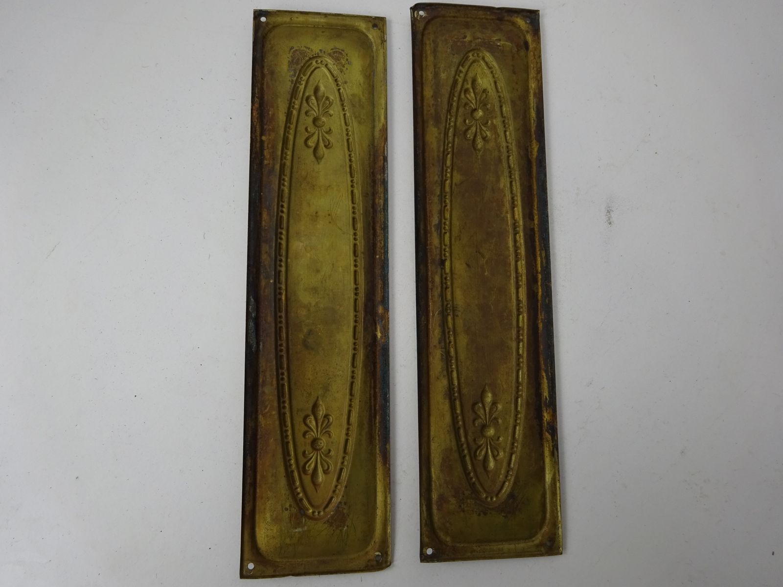 Set Of 2 Reclaimed Pressed Brass Finger Plates Dated 1912 photo for sale