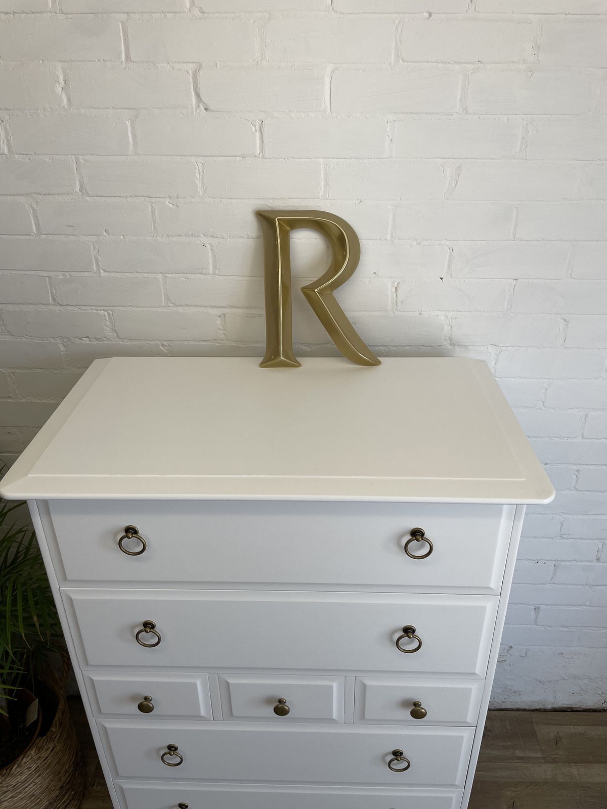 Stag Minstrel Tallboy Painted White Distressed Brass Handles photo furniture