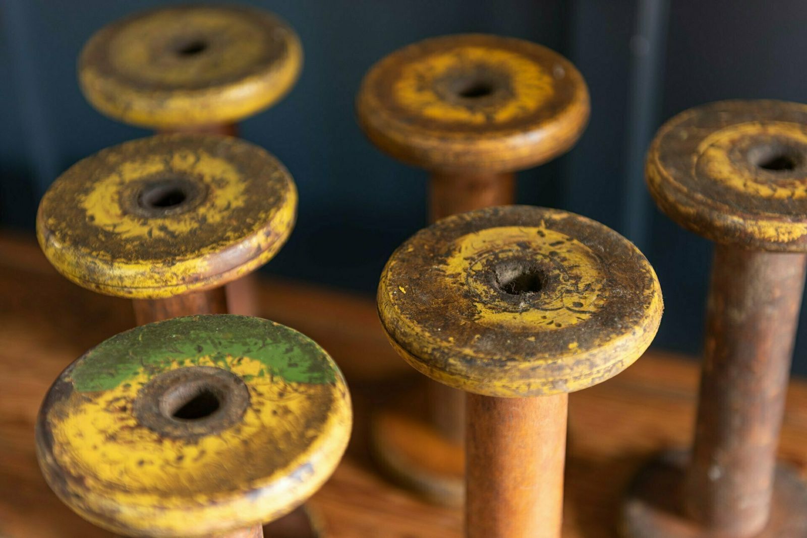 Collection Of Factory Bobbins, Yellow And Green. photo for sale