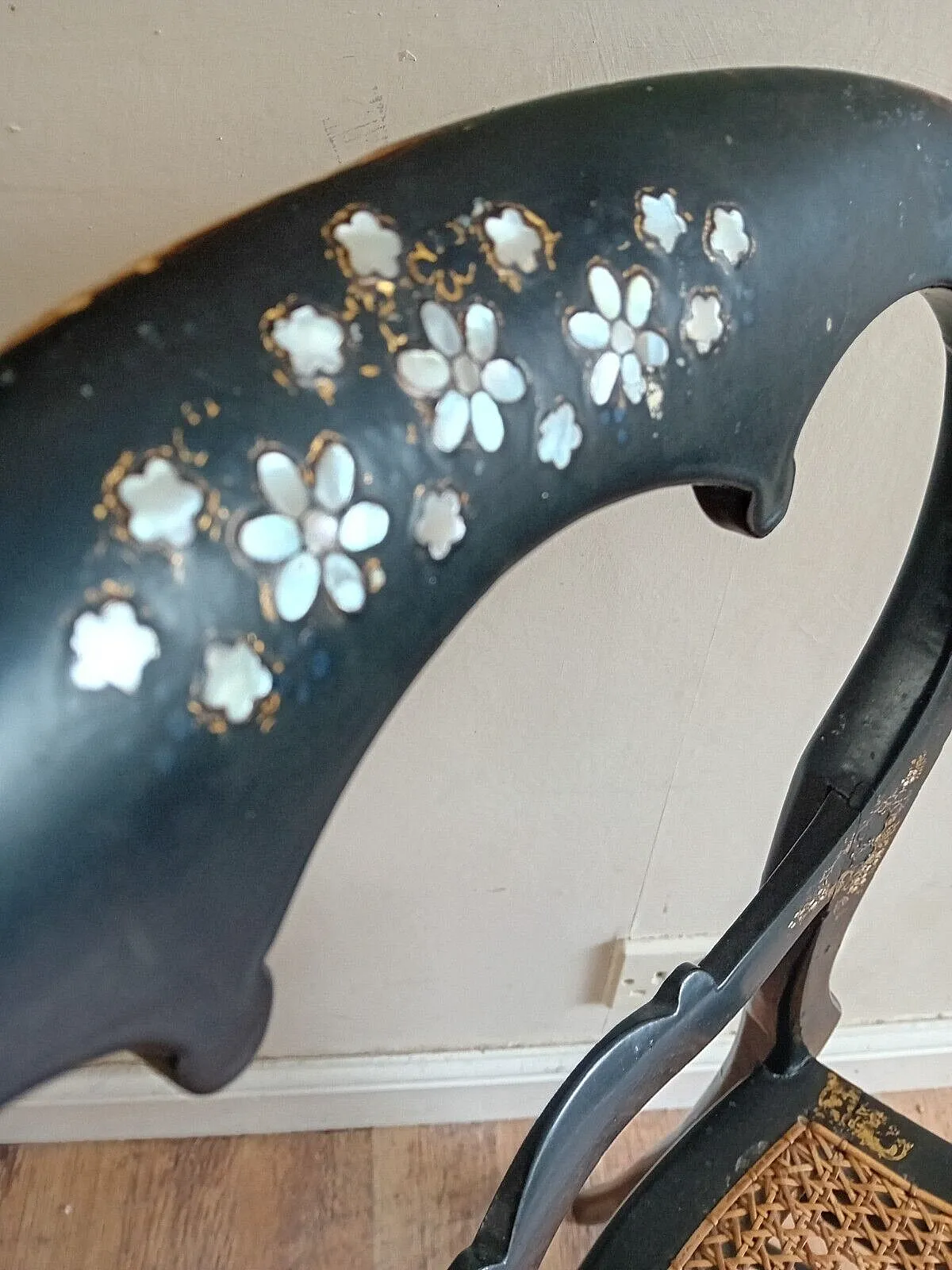 Delightful Circa 1840 Mother Of Pearl Inlay Ebonised Gold Leaf Bergere Chair photo furniture