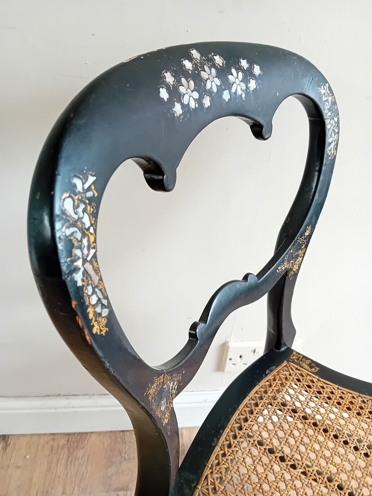 Delightful Circa 1840 Mother Of Pearl Inlay Ebonised Gold Leaf Bergere Chair photo for sale