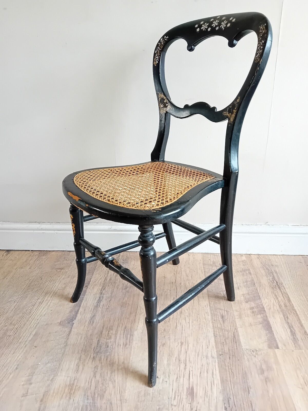 Delightful Circa 1840 Mother Of Pearl Inlay Ebonised Gold Leaf Bergere Chair photo 188.0