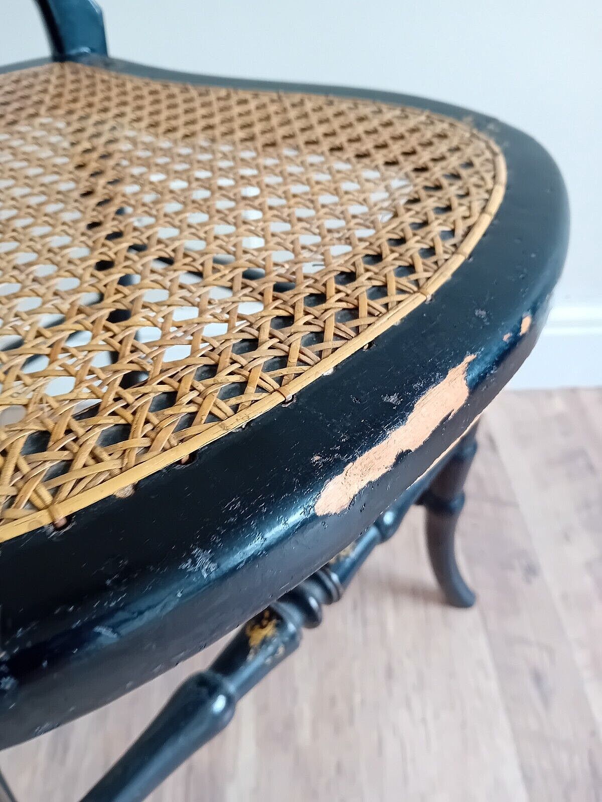 photo for sale Delightful Circa 1840 Mother Of Pearl Inlay Ebonised Gold Leaf Bergere Chair