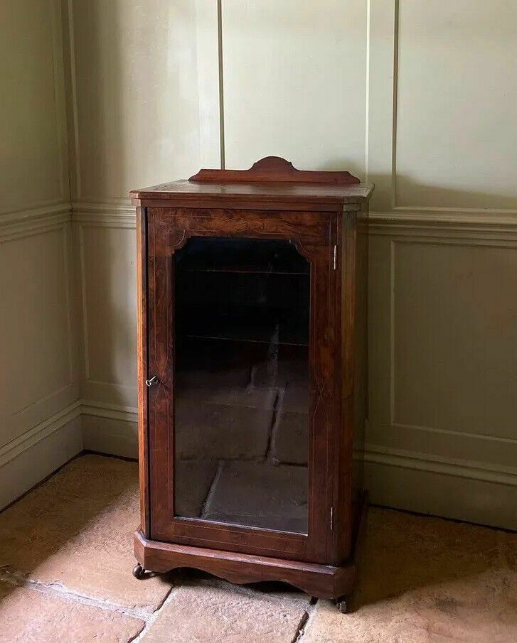 Antique Georgian French Style Marquetry Burle Walnut Display Glazed Cabinet photo for sale