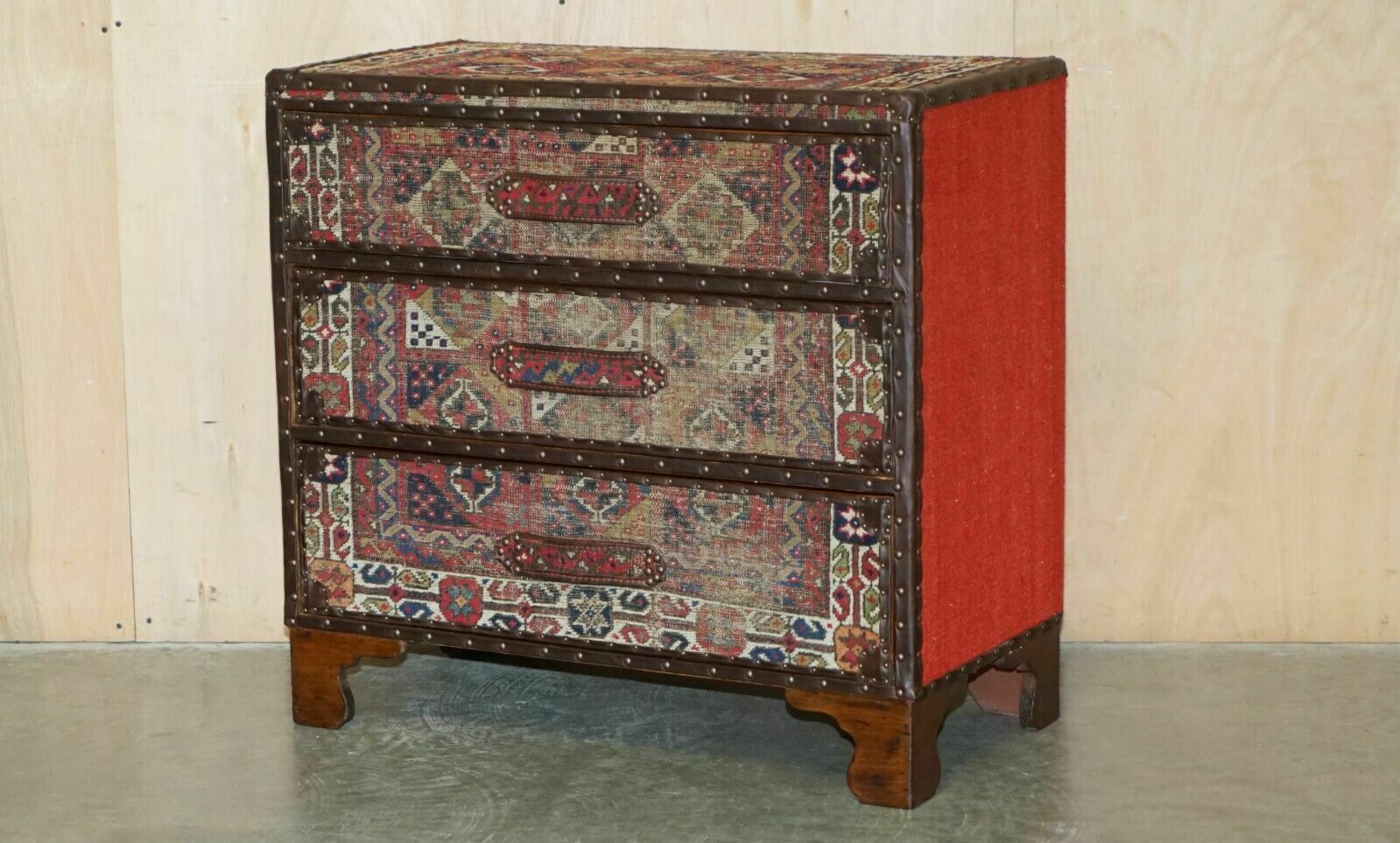 Vintage Kilim & Brown Leather Chest Of Drawers Finished With Antique Pin Nails photo furniture