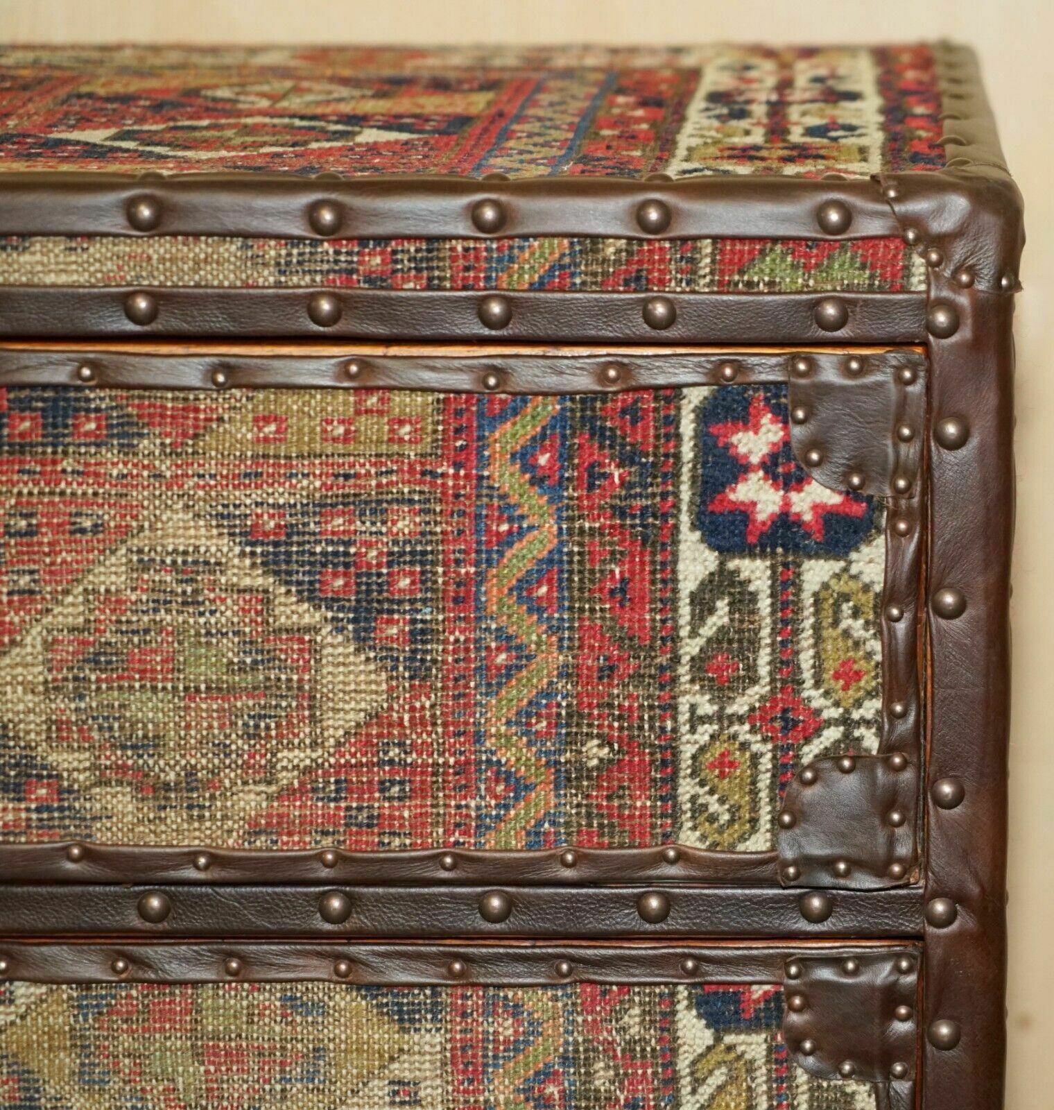 Vintage Kilim & Brown Leather Chest Of Drawers Finished With Antique Pin Nails photo buy