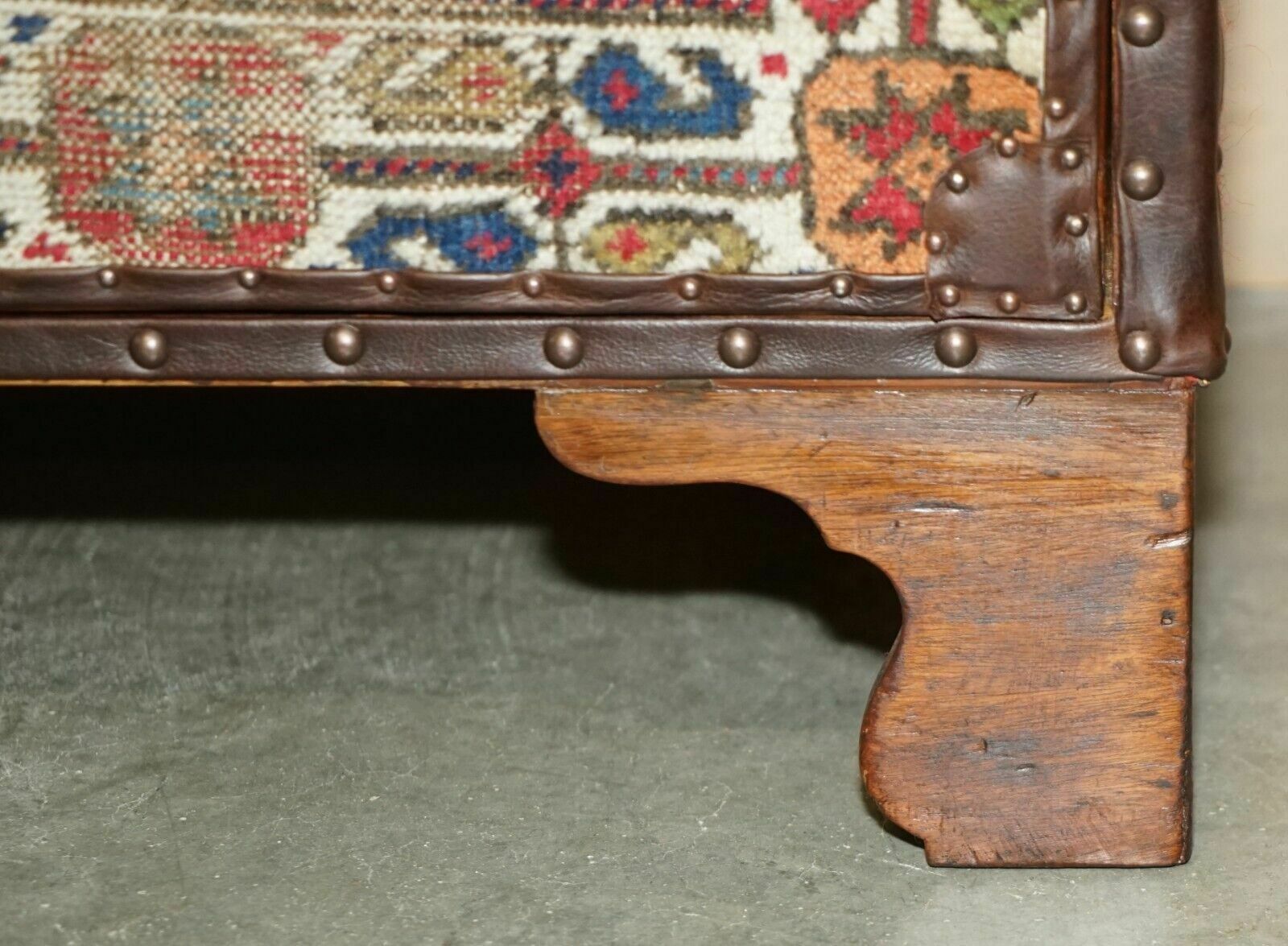 Furniture Vintage Kilim & Brown Leather Chest Of Drawers Finished With Antique Pin Nails photo