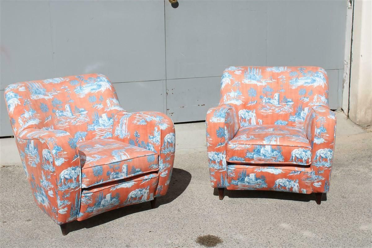 photo furniture Mid Century Italian Pair Armchairs Palolo Buffa Design Fornasetti Style Printed