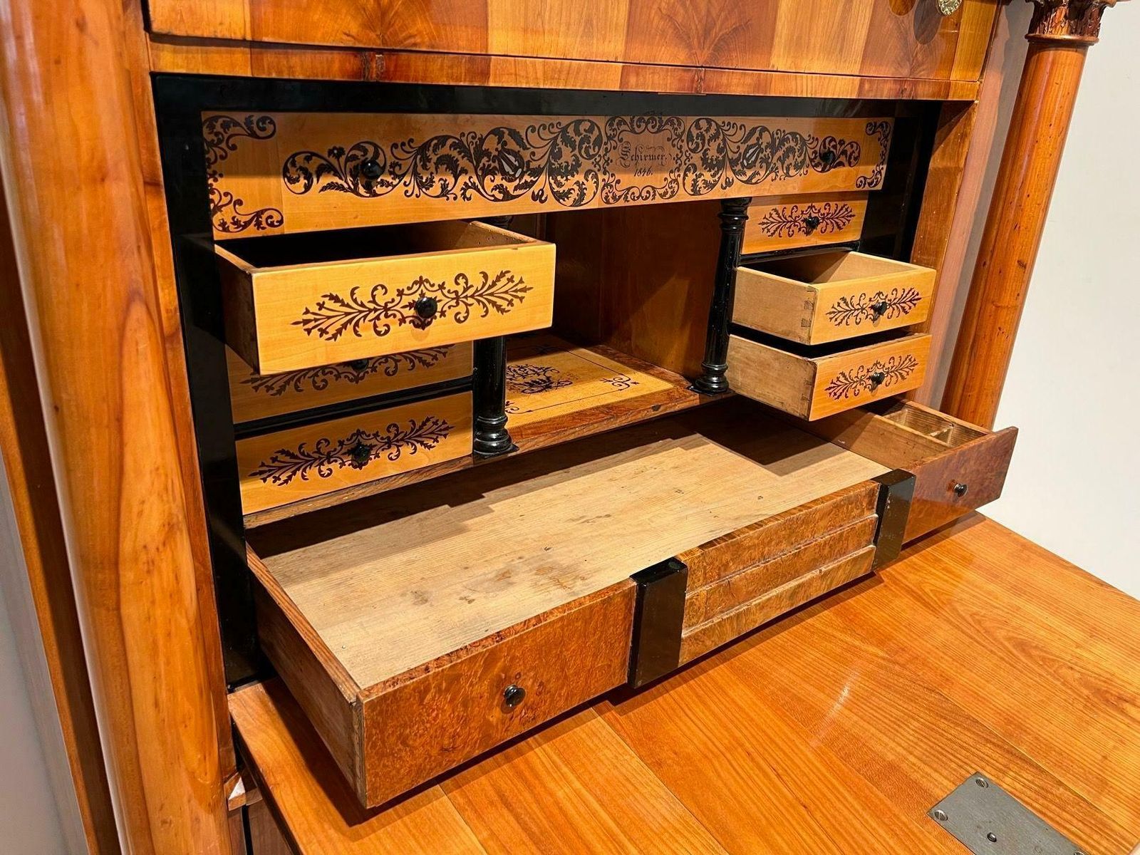 photo furniture Biedermeier Secretaire, Cherry, Maple, Inlays, Brass, South Germany Circa 1830