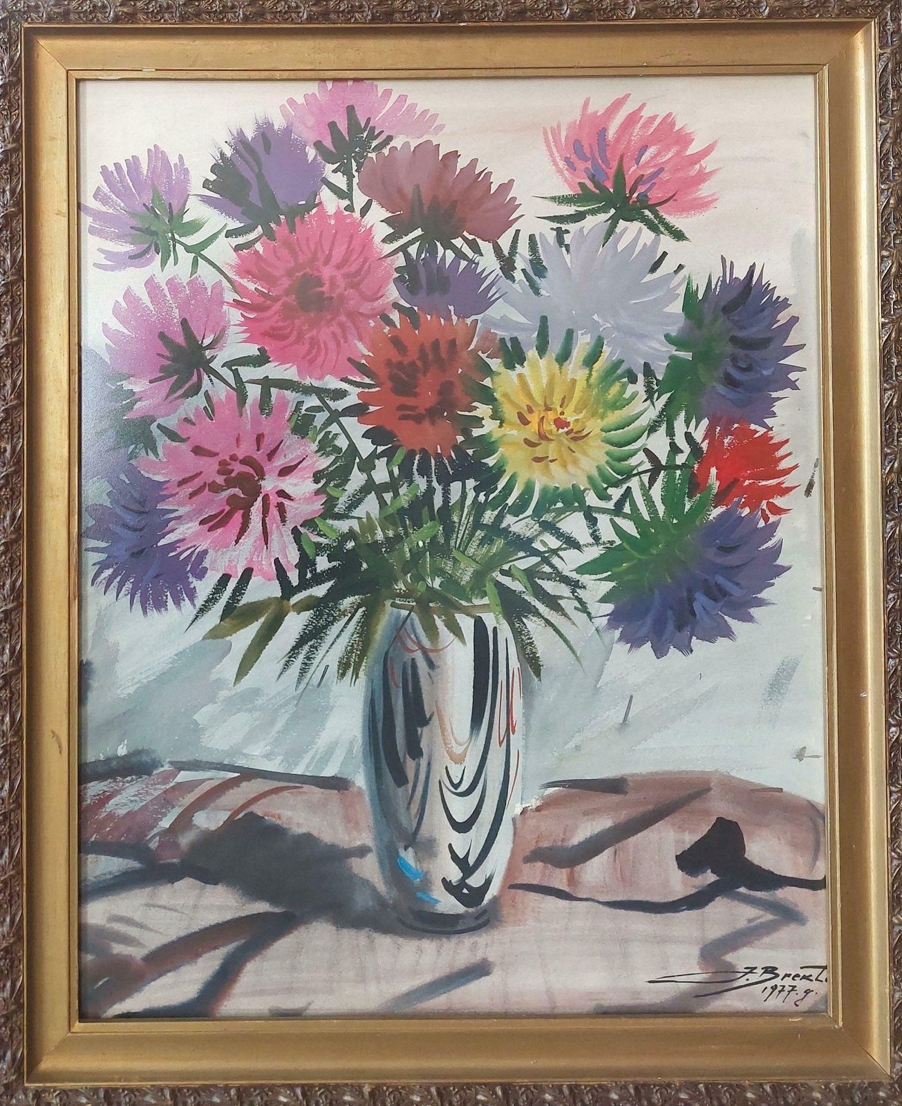 Janis Brekte Aster Flowers Paper, Watercolour. 71x56.5cm 1977 photo furniture