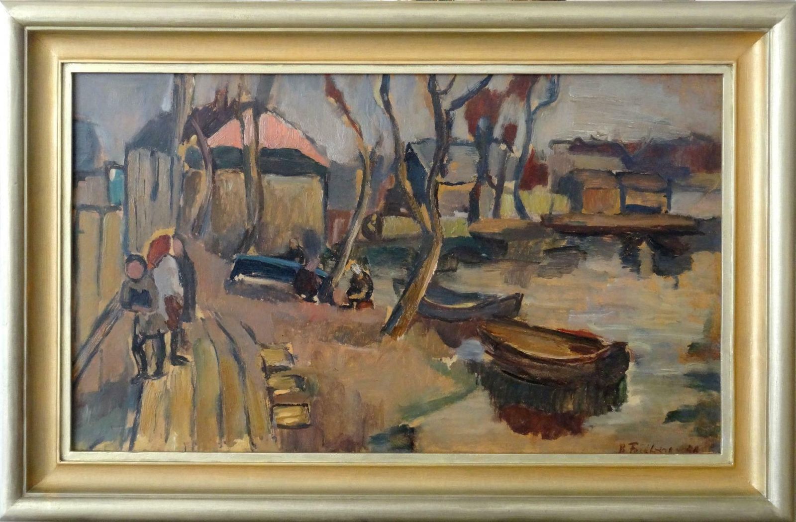 Biruta Baumane Boats By The River Oil On Cardboard, 47.5x80 Cm photo furniture