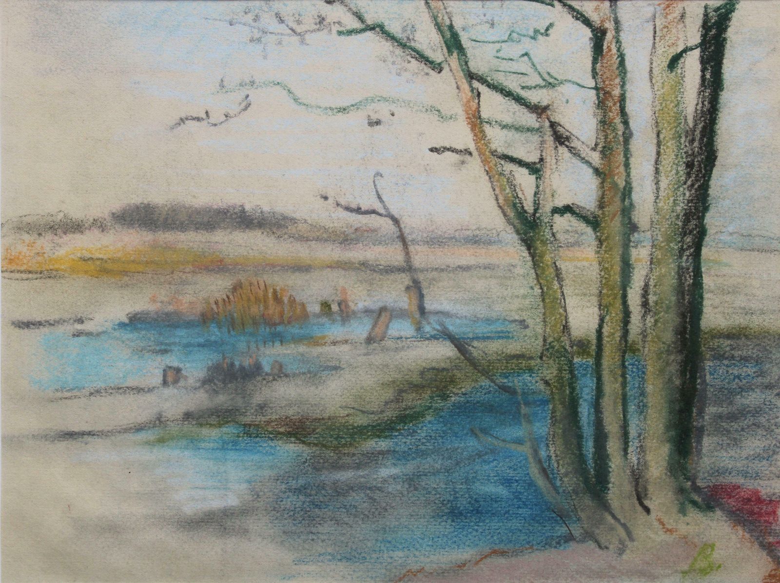 Aleksandra Belcova Flooded River 1950s. Paper, Pastel. 26.5x35.5 Cm Circa 1950