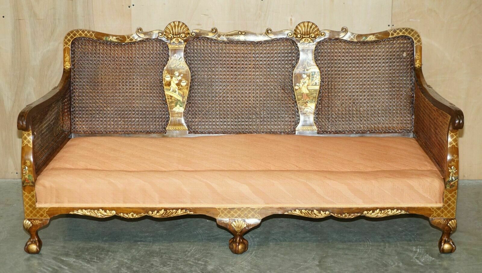 1920's Walnut & Chinoiserie 3 Piece Bergere Sofa Armchair Suite For Restoration photo vinterior