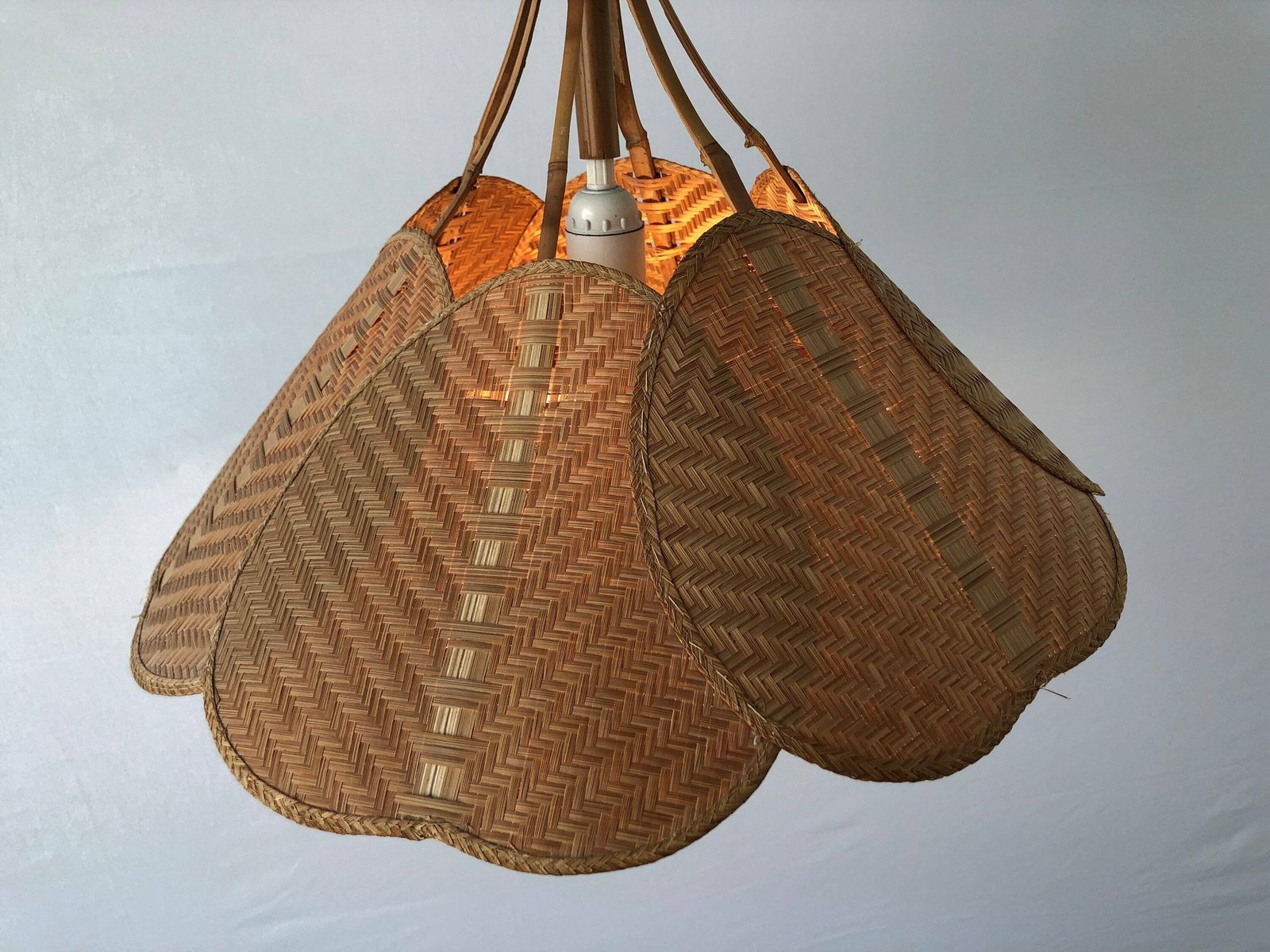 Palmate Leaf Design Wicker And Bamboo Beautiful Pendant Lamp, 1960s, Germany photo vinterior