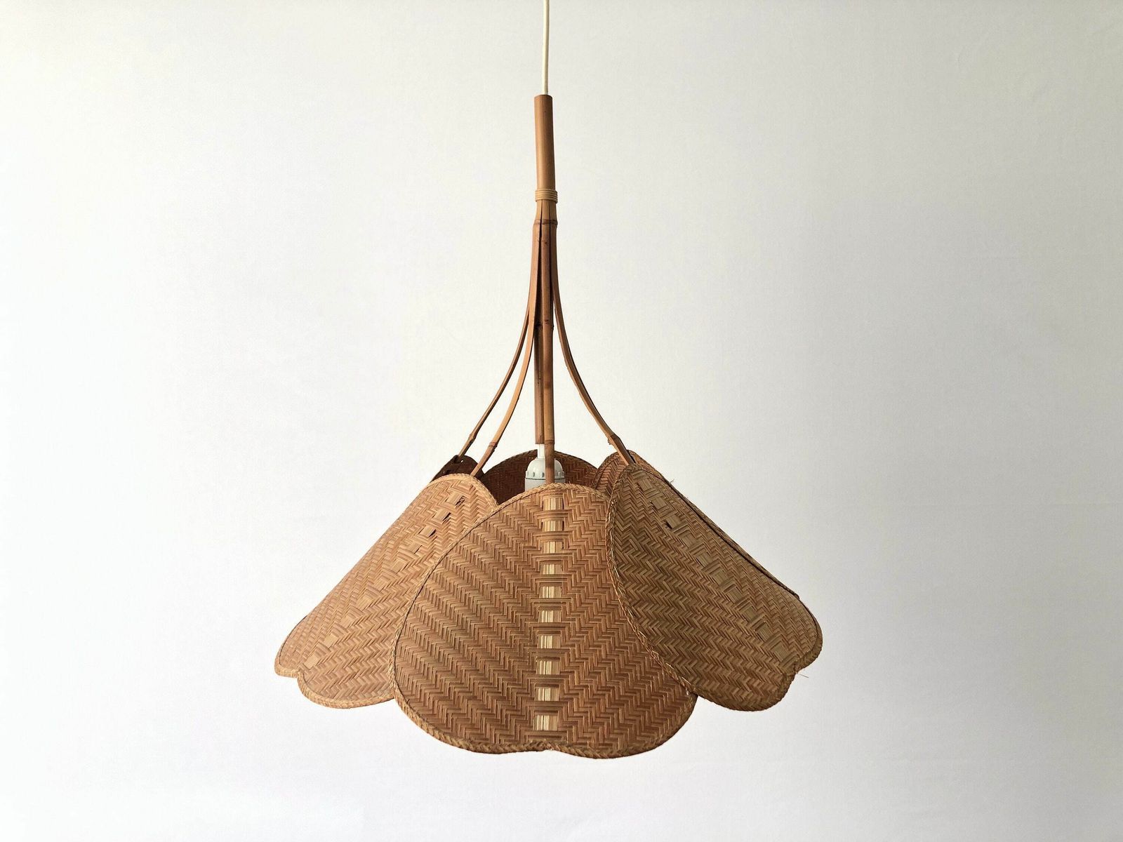 photo for sale Palmate Leaf Design Wicker And Bamboo Beautiful Pendant Lamp, 1960s, Germany