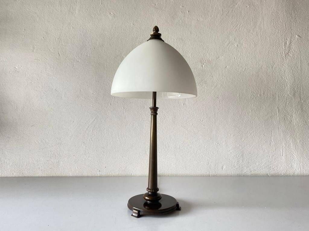 Art Deco Milk Glass And Bronze Large Table Lamp By D.R.P. Savas, German Reich Patent, 1930s, Germany