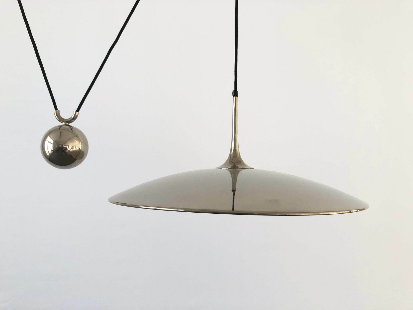photo for sale Wonderful Chrome Plated Brass Counterweight Xl Pendant Lamp By Florian Schulz, 1970s, Germany