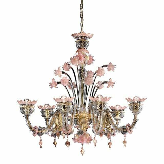 Early 21st Century Venetian Gold And Pink Floral Murano Glass Chandelier photo furniture