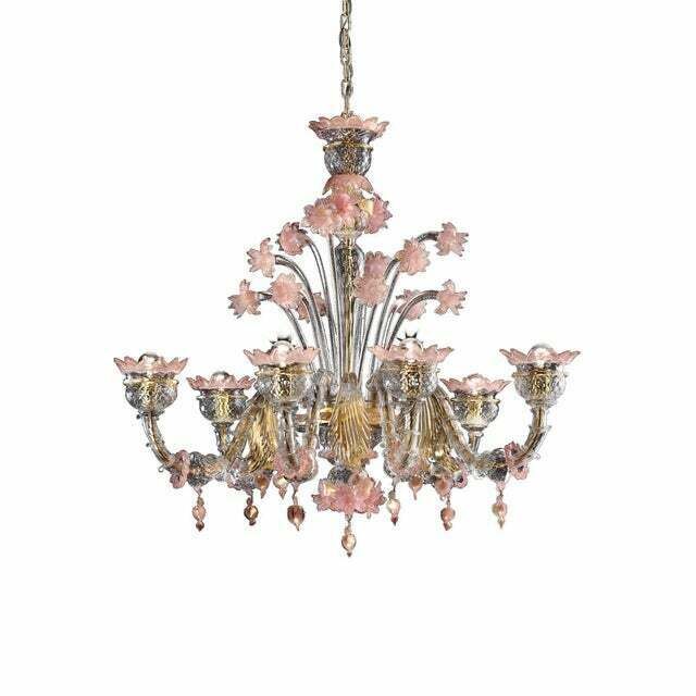 photo for sale Early 21st Century Venetian Gold And Pink Floral Murano Glass Chandelier