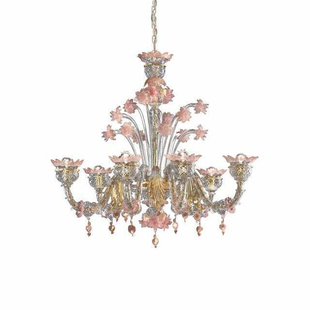 Early 21st Century Venetian Gold And Pink Floral Murano Glass Chandelier