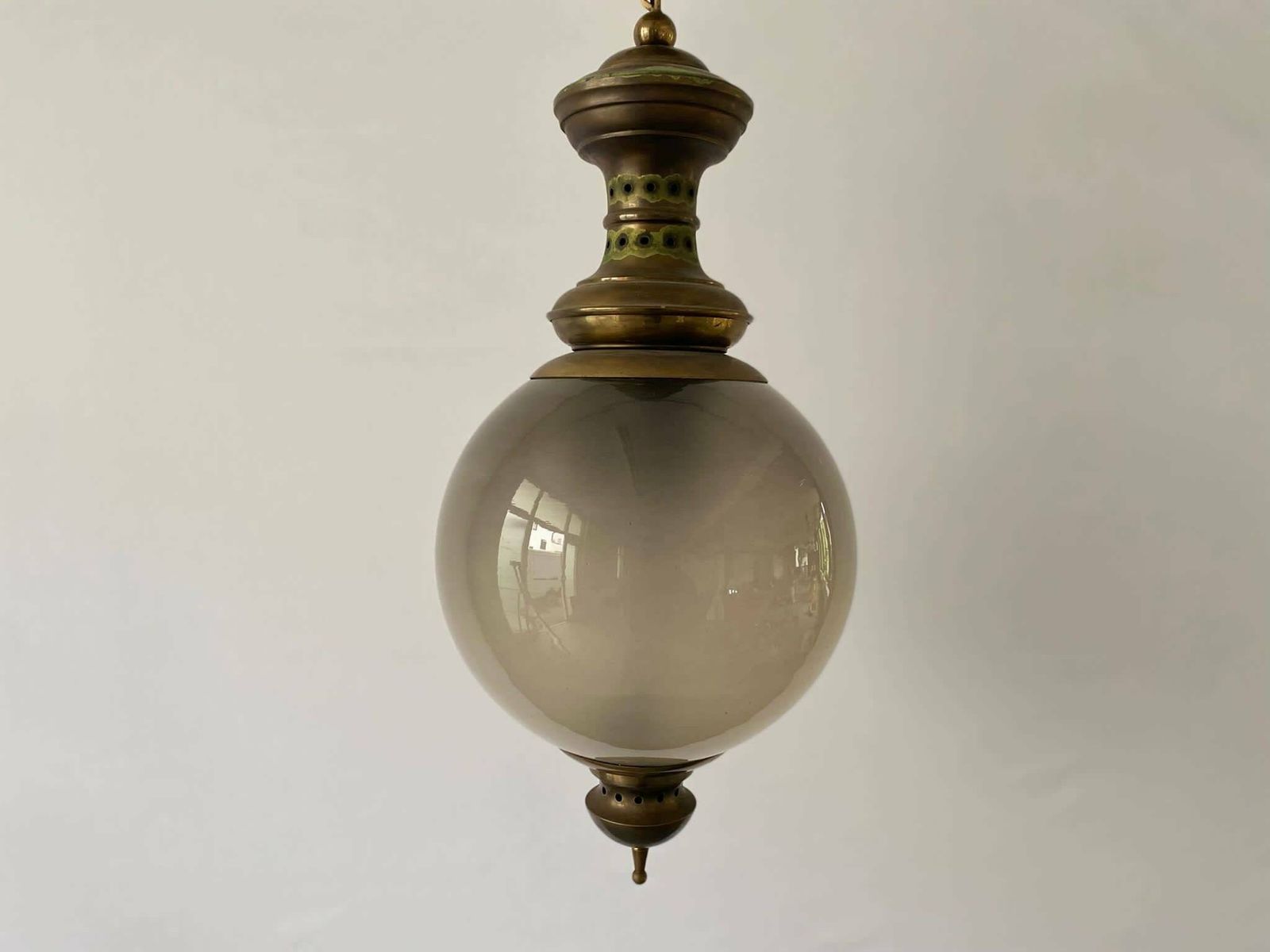 Extraordinary Smoked Glass & Brass With Green Patina Ceiling Lamp By Luigi Caccia Dominioni For Azucena, 1950s, Italy