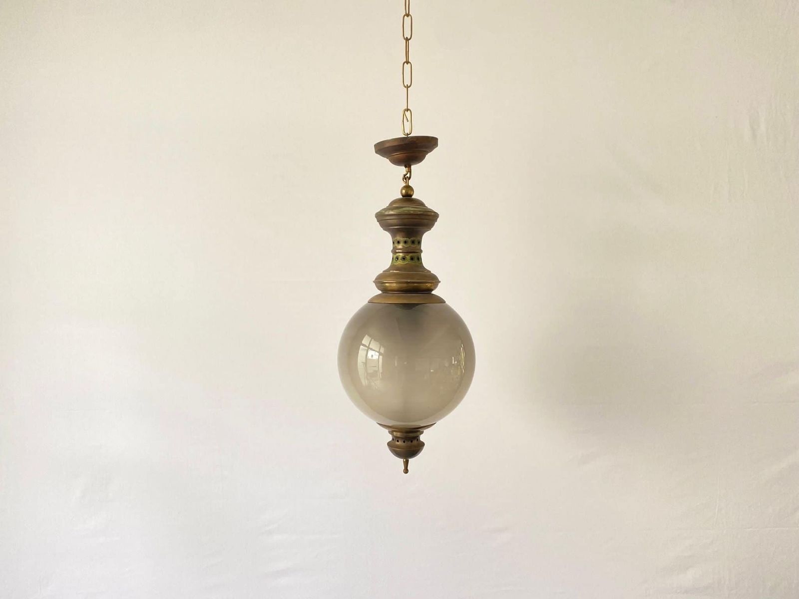 photo for sale Extraordinary Smoked Glass & Brass With Green Patina Ceiling Lamp By Luigi Caccia Dominioni For Azucena, 1950s, Italy