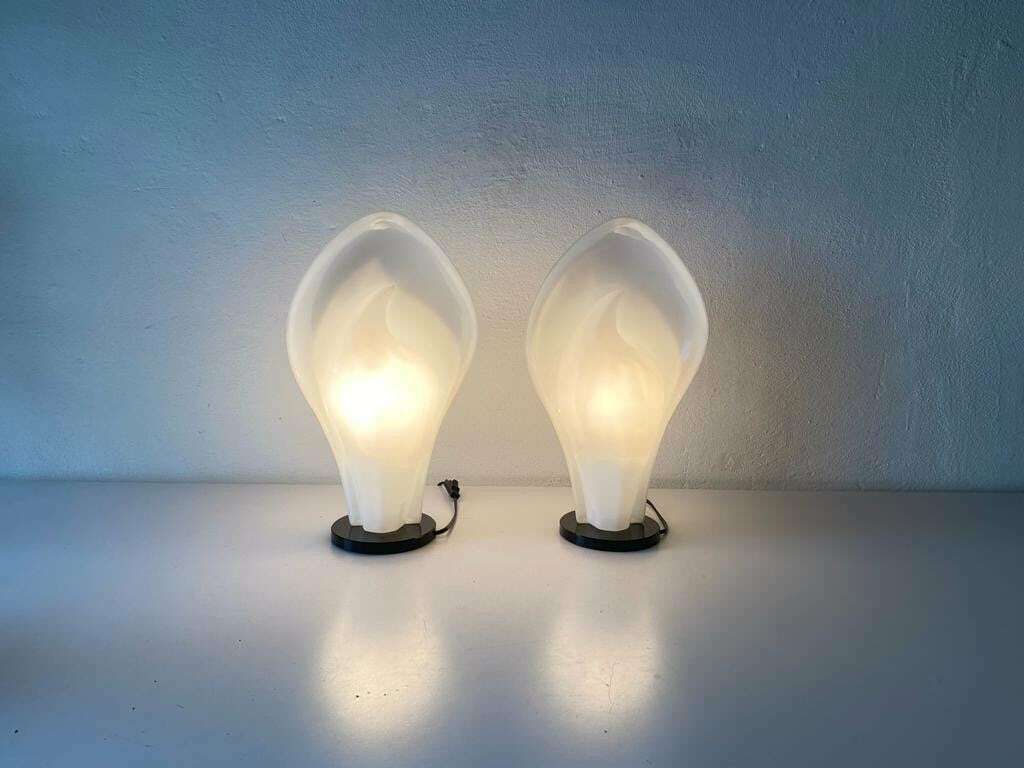 Italian Flower Design White Plexiglass Wonderful Pair Of Table Lamps, 1970s, Italy photo furniture